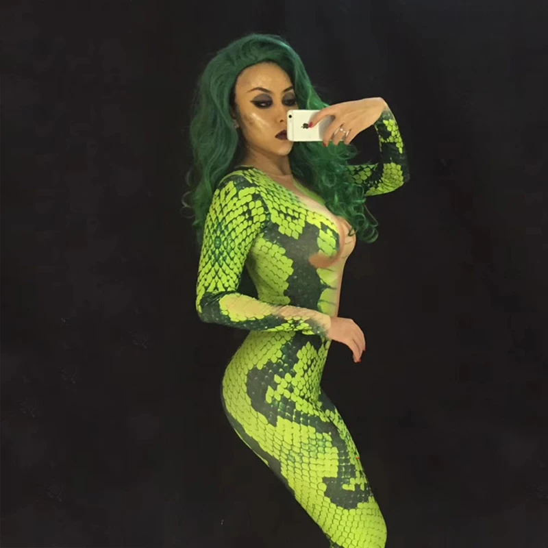 Питон граффити зеленый певец Gogo шоу бар синий Змеиный Печатный Костюм Go-Go танцор костюм женский боди