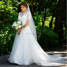 Простые Свадебные платья трапециевидной формы, кружевные аппликации, круглый вырез, короткие рукава, пуговицы сзади, тюлевые Свадебные платья с коротким шлейфом