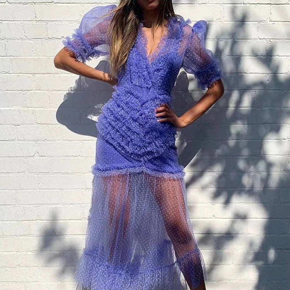 

KATELOVE Women Sexy Short Sleeve Mesh Maxi Dress Female Elegant V Neck Ruffle Dress Dot Print Bandage Long Dresses Vestidos