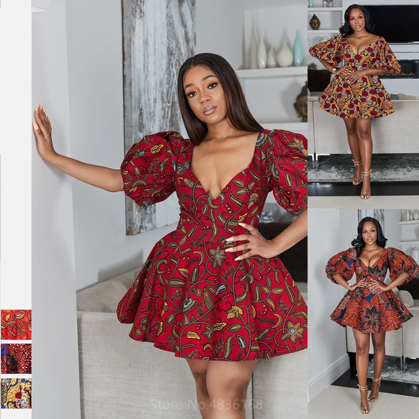 Lantern Sleeve African Clothes 2021 News Dashiki Print V-Neck Sexy Fashion Dress Plus Size Clothing Dresses for Women | Традиционная