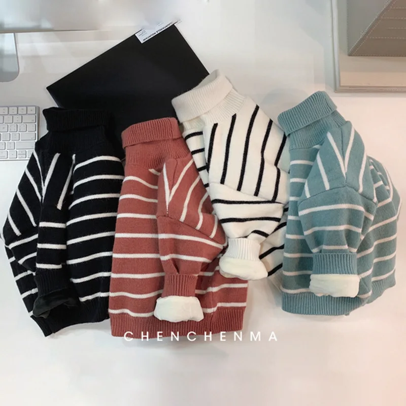Chen/Одежда для мальчиков и девочек; плотная универсальная рубашка с начесом; свитер с высоким воротником для маленьких мальчиков; сезон осень-зима; Детский свитер в полоску