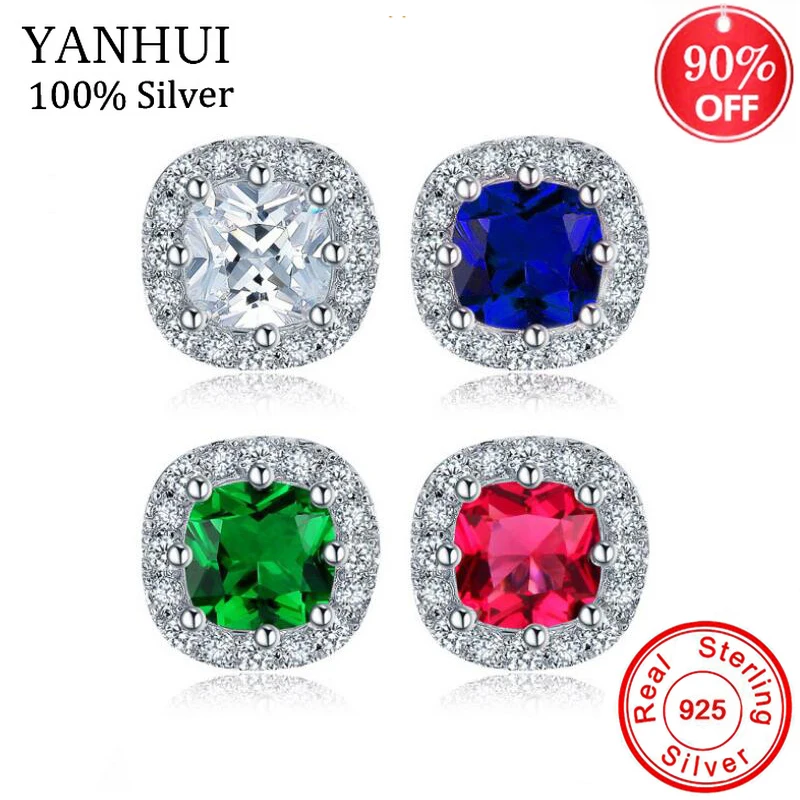 

YANHUI Luxury Women White/Red/Green/Blue Square Stud Earring With AAA Zircon 925 Solid Silver Double Earrings For Women ED0358