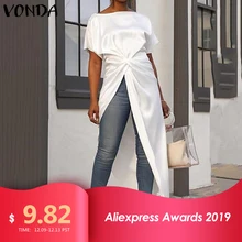 VONDA летнее асимметричное платье-рубашка макси длинное платье женское белое платье с коротким рукавом платье-туника с разрезом