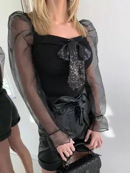 

Women See Through Mesh Long Puff Sleeve Crop Tops Square Neck Blouse Tee Shirt Solid Color Sequined Orint Blouse Elegant Blusa