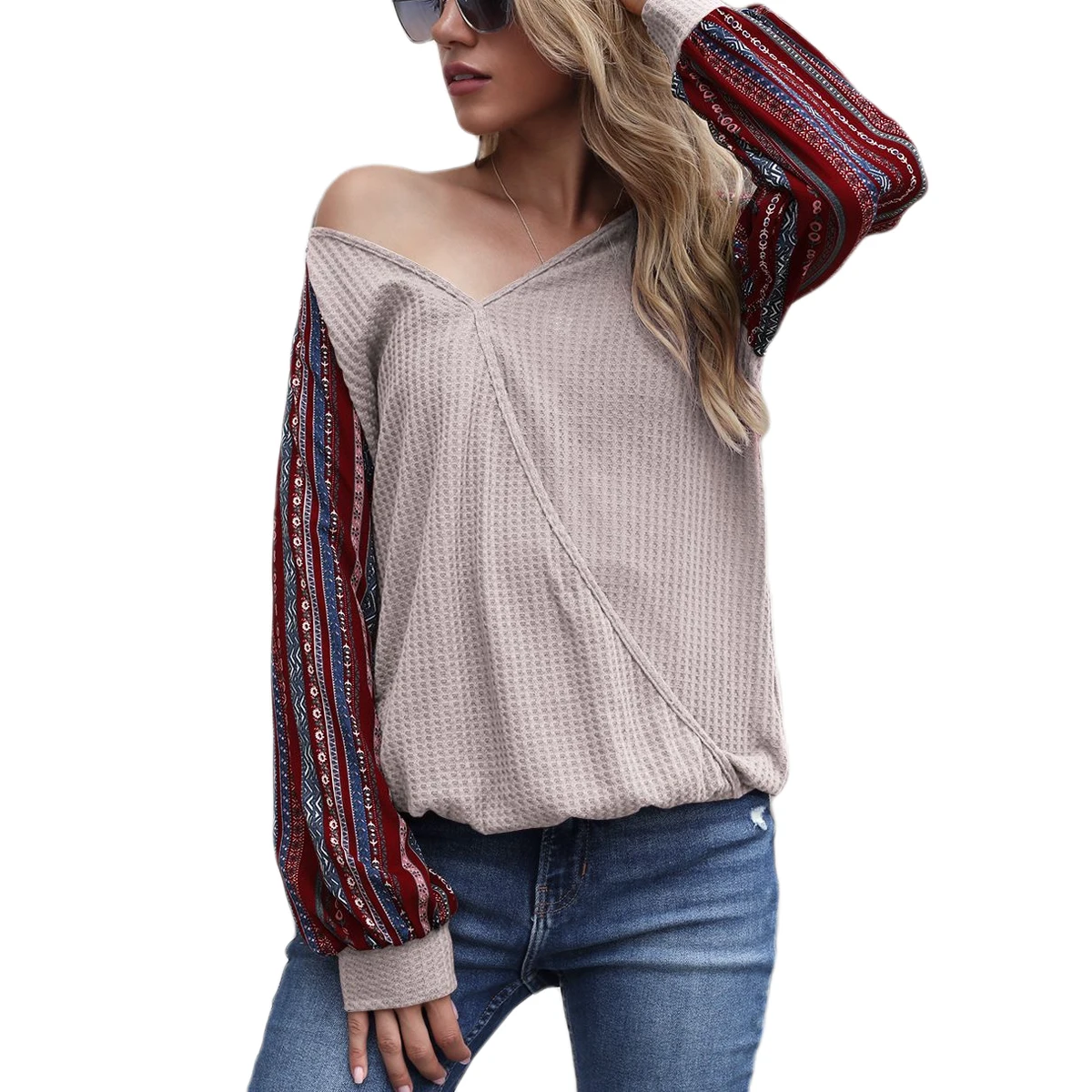 Women Autumn Outfits Printed Splicing V-Neck Long-Sleeves Irregular Casual T-Shirt for Girls Grey/Wine Red/Blue |