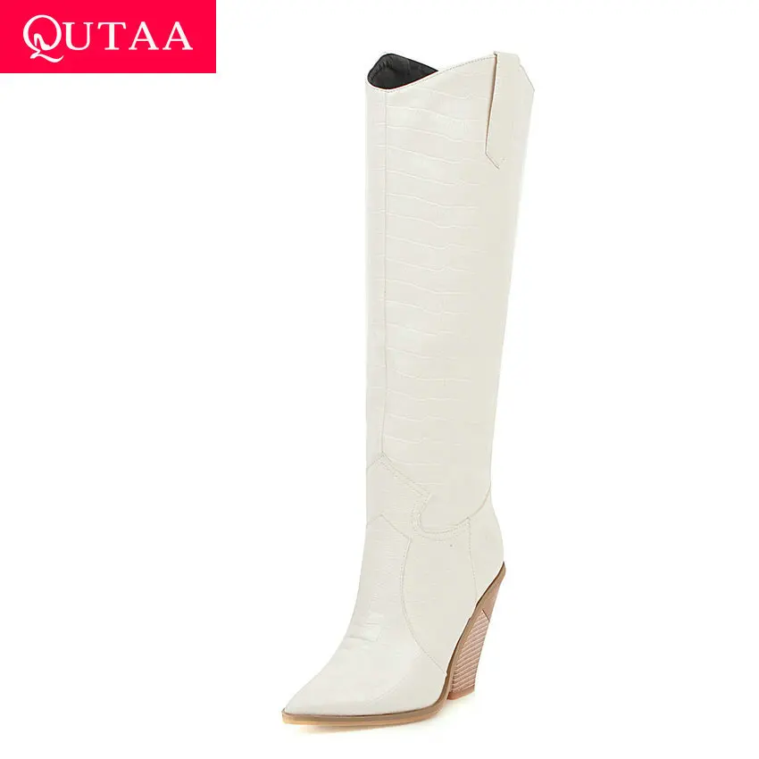 Women Shoes High-Boots Winter Square Pointed-Toe QUTAA Fashion Knee PU Slip-On Size34-43