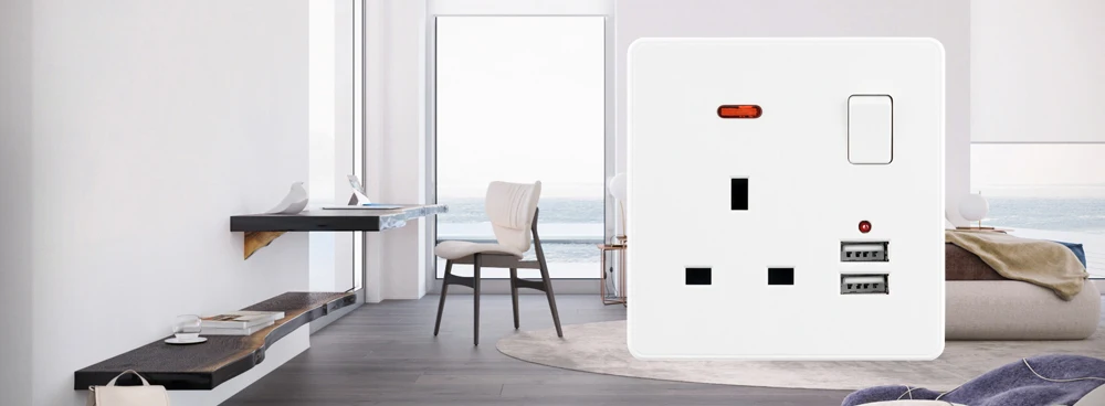 Description Picture 2 of itemUniversal Wall Light Switch And UK Wall Electrical Sockets With Standard Double Usb Socket 110-250V White Plastic Panel Outlets