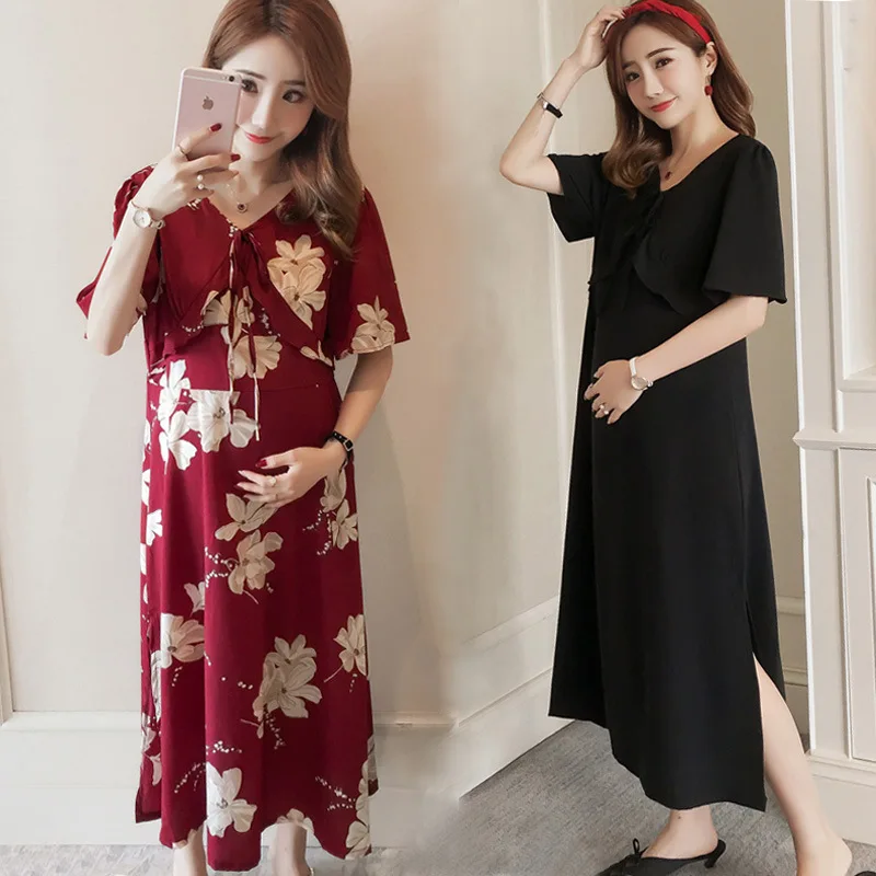 

Pregnant Women Summer Wear New Style Fashion V-neck Chiffon Dress Slimming Slit Long Dress for Pregant Women Fashion Pregnancy D