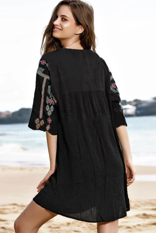 Boho Летнее женское сексуальное платье с v-образным вырезом, вышивка, короткий рукав, винтажная свободная обычная, высокая, на выход, платье, черное пляжное мини-платье