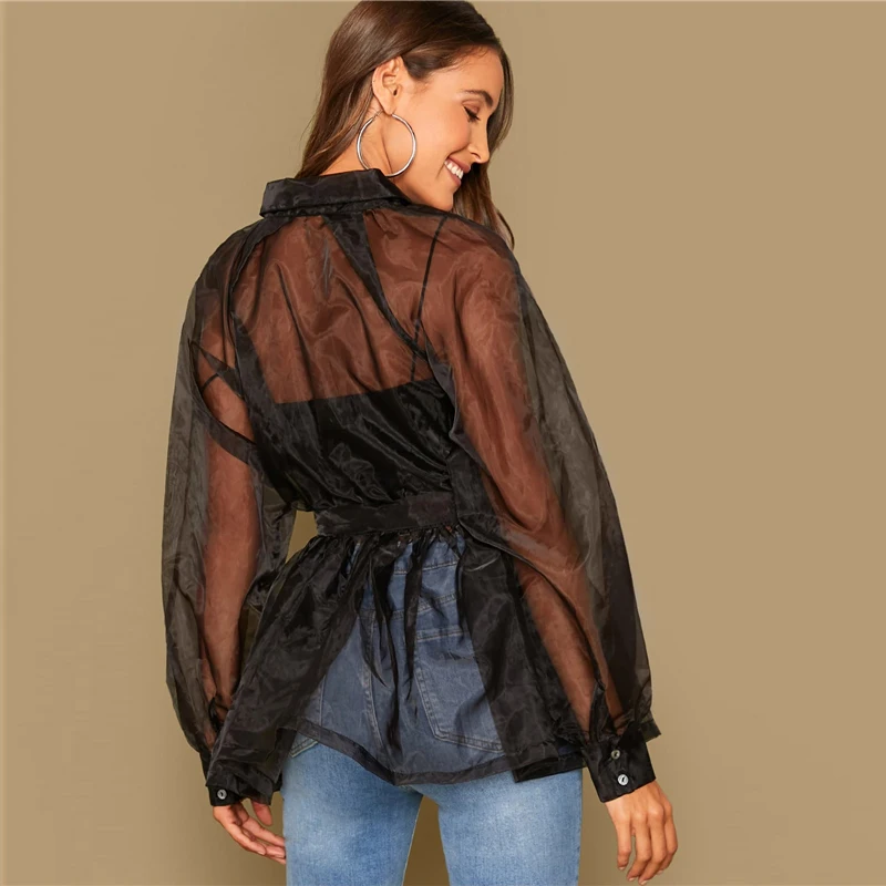 SHEIN, однотонная, с поясом, с баской, органза, Гламурная рубашка без бретелей, для женщин, осень, рукав-фонарик, с рюшами, для девушек, сексуальные блузки