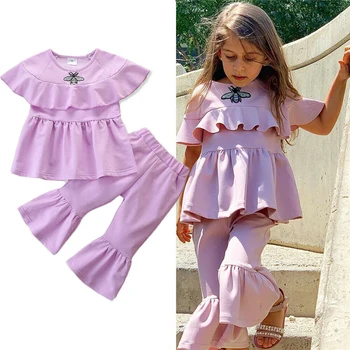 

2020 Summer Fashion Toddler Baby Kids Girl Clothes Little bee Ruffle Crop Top+Flare Pants Bell Bottoms Outfits Set 1-6T