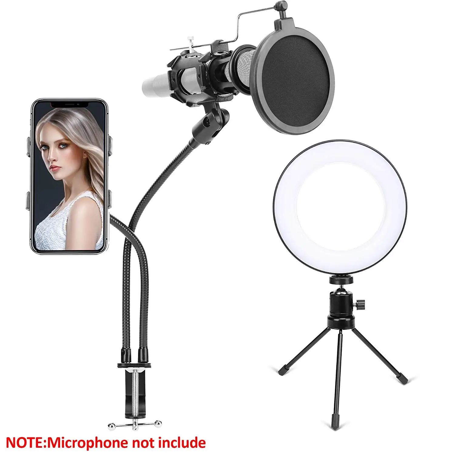 

LED Ring Light with 2 in 1 Cellphone Microphone Holder Dimmable Desktop Live Stream Light with Color Temperature 11 Level
