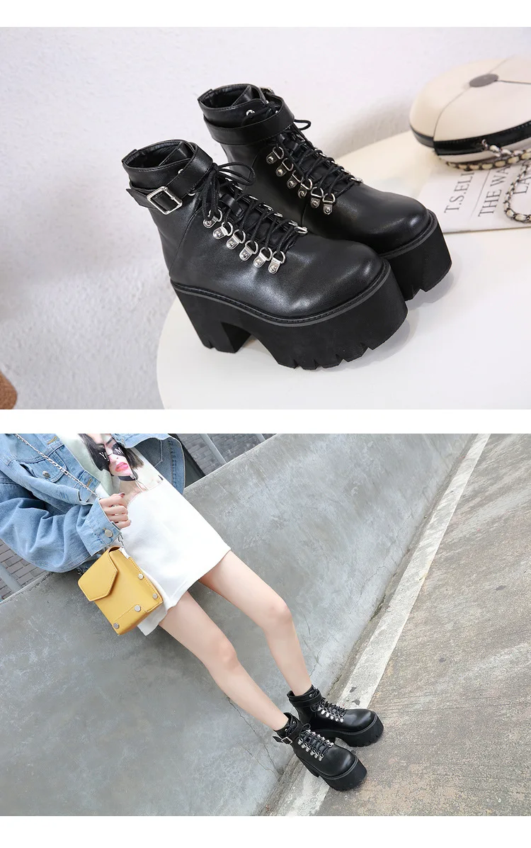 Bootee/ г. Женские осенние ботинки с круглым носком женские ботинки Martins на массивном каблуке со шнуровкой Женская Низкая обувь Лолита рок