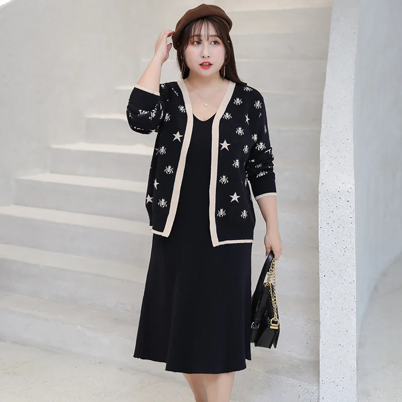 [Xuan chen] Fat Mm Korean-style Elasticity Knit Tank Dress Set Autumn New Style Slimming Western Style Two-Piece Set on Behalf o
