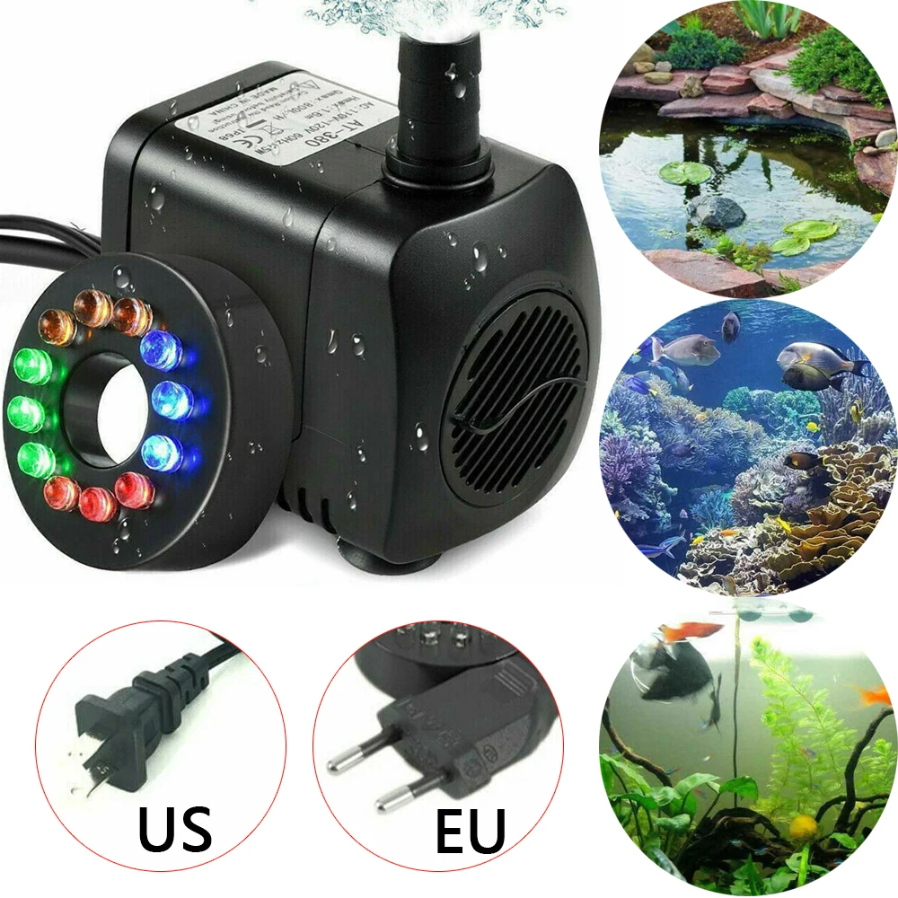 Submersible Pump Electric Fountain Water Pump 12 LED Light for Aquarium or Pond
