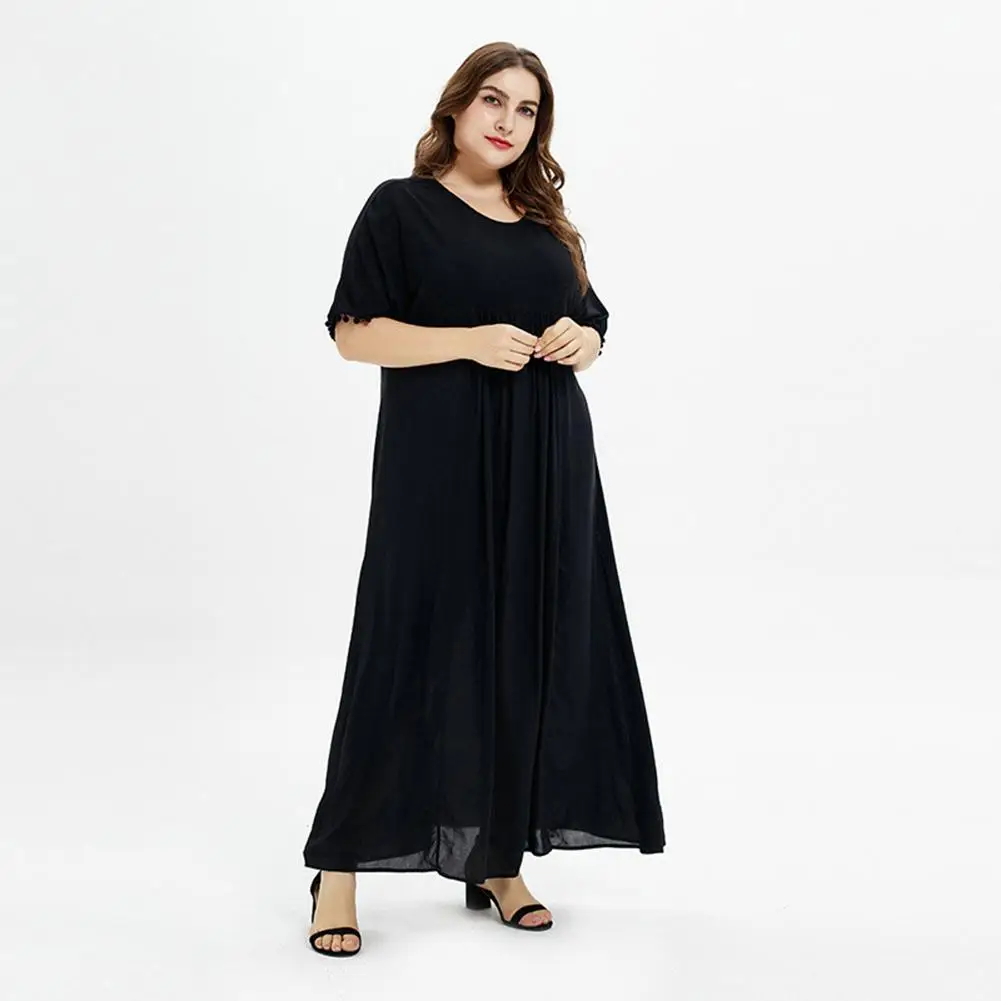 Yfashion женское элегантное платье модное Повседневное платье с кисточками Женская одежда из хлопка летние длинные платья с коротким рукавом черный