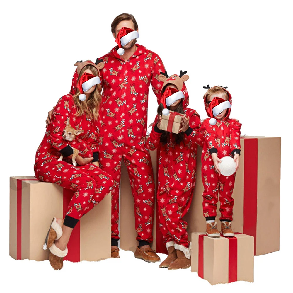 Семейные рождественские пижамы для детей и взрослых; пижамный комплект; Рождественский комбинезон с капюшоном и принтом оленя; Модный повседневный комбинезон; одежда для сна - Цвет: Красный