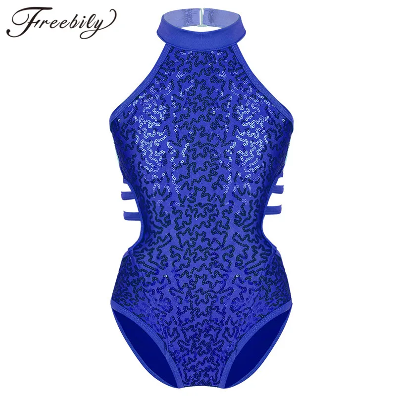Kids Girls Gymnastics Leotards Child Sparkly Sequins Dancewear Sleeveless Cutouts Back Strappy On Waist Ballet Dance Jumpsuit Children Dance Leotards Gymnastics Dancewear Sets