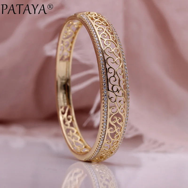 PATAYA New Hollow Bangles 585 Rose Gold Natural Zircon Women Bangles Carving Pattern Wedding Luxury Fine Classic Fashion Jewelry