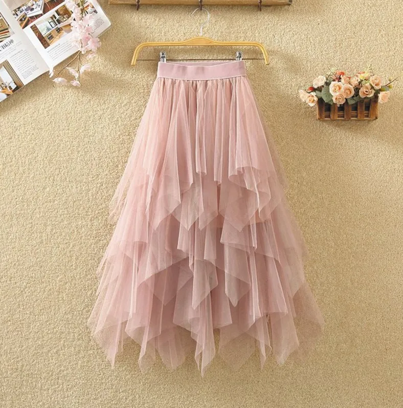 Pink Женские Асимметричные тюлевые юбки, модные эластичные сетчатые юбки с высокой талией, гофрированные длинные юбки, юбка миди, Saias Faldas Jupe Femmle - Цвет: Pink
