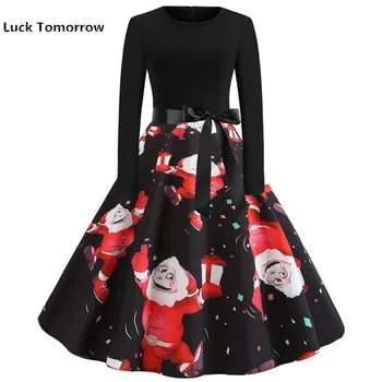 

Black Long Sleeve Print Winter Christmas Dress Women 2019 Casual Elegant Slim Vintage Dress Robe Femme Pinup Party Midi Vestidos