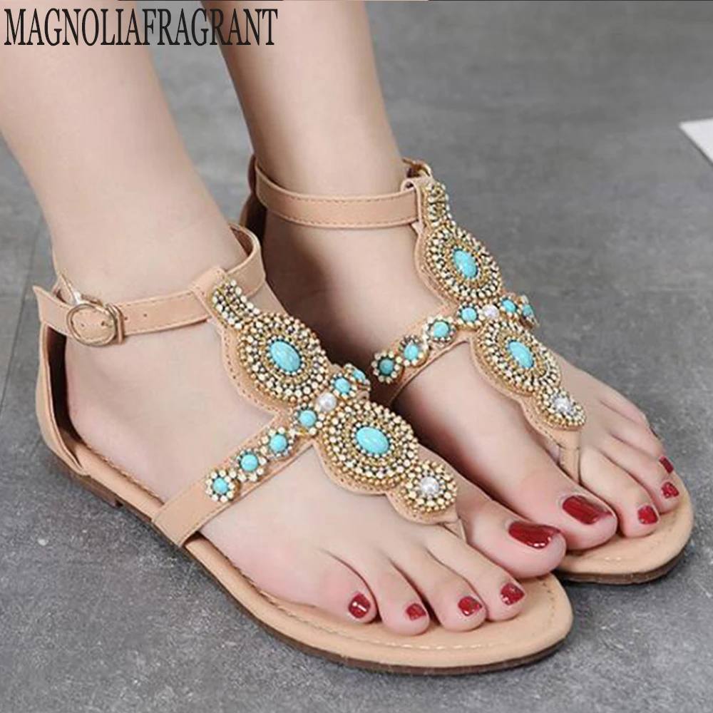 

new Bohemia Wedge Women Sandals Summer Vintage Rhinestone Woman Flip Flops Beach Non-slip Women Shoes sandalia feminina hy301