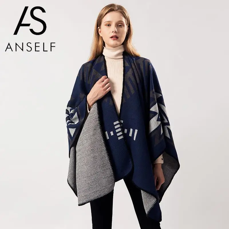 

ANSELF 2019 Autumn Winter Vintage Shawls and Wraps Women Knitted Shawl Poncho Faux Cashmere Geometric Open Front Warm Cape Lady