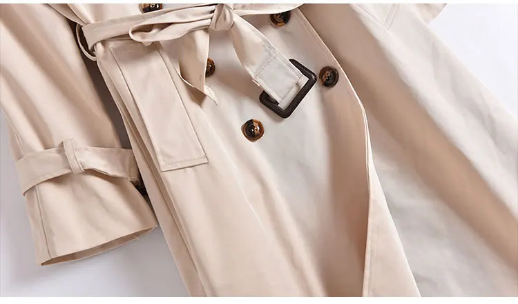Autumn New Style Fold-down Collar Double Breasted Long Sleeve Lace-up Slim Fit Long Trench Coat 3189