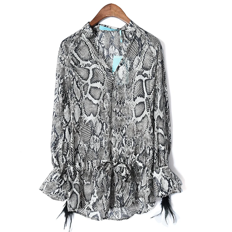 New 2020 100%Silk Blouse Shirt Women High Quality Black Snake Print Tops Summer Broken Size Limited Quantities