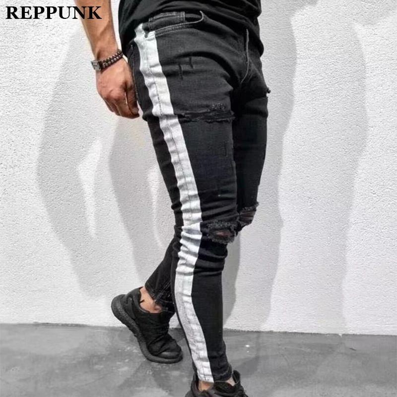 men hole side printing jeans