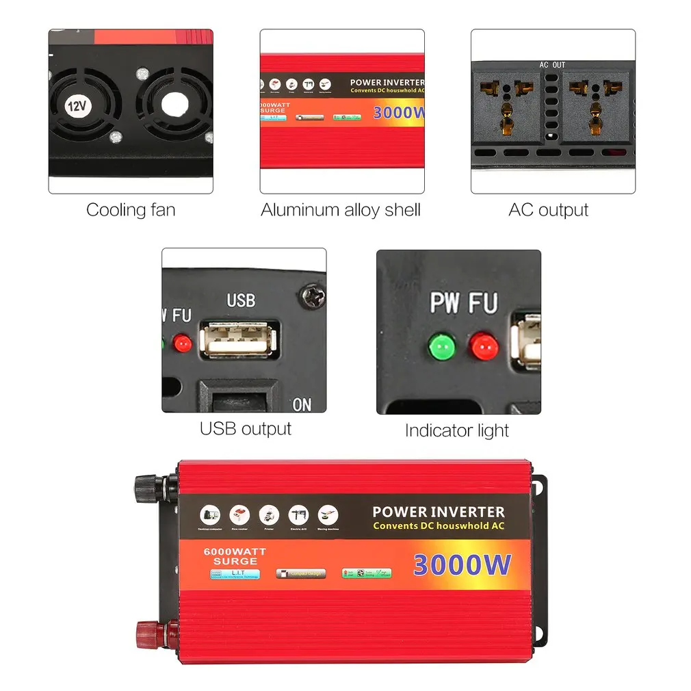 New 3000W Solar Household Power Inverter Voltage Transformer Pure Sine Wave Power Inverter DC12V to AC 220V Converter Charger