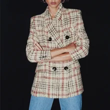

2021 Tweed Plaid Blazer Suit Fashion Contrast Colors Mid Length Coats Women Casual Simple Office Blazer Casual Commute Clothing