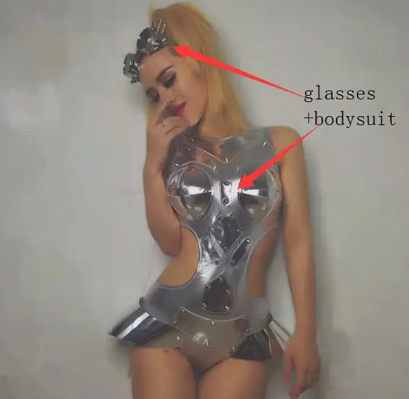 glasses bodysuit Серебристые зеркала Светоотражающие блестки боди сексуальный выдалбливают серебристый комбинезон Бар ночной клуб для женщин DJ певец Джаз танцевальный костюм - Цвет: glasses bodysuit