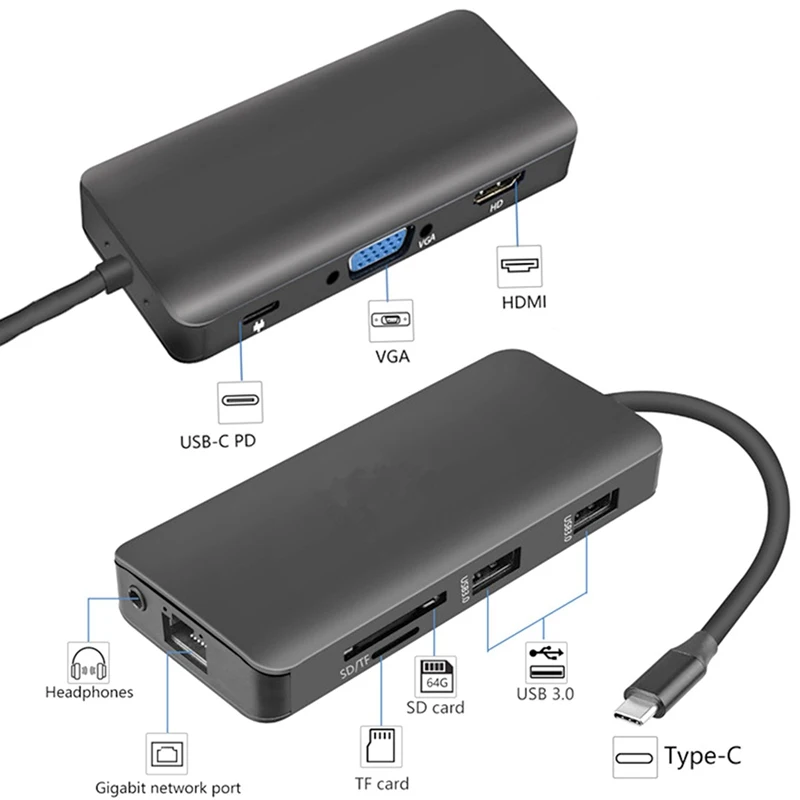 9 в 1 USB-C type C концентратор до 3,5 мм аудио микрофон 4K HDMI VGA RJ45 Lan адаптер USB 3,0 SD TF кард-ридер Тип C PD зарядный адаптер концентратор