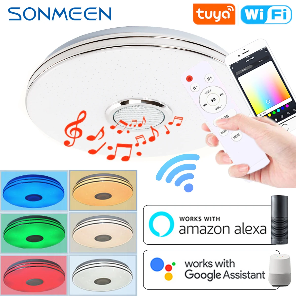 Умный светодиодный потолочный светильник SONMEEN 33 см с Wi-Fi и Bluetooth-динамиком