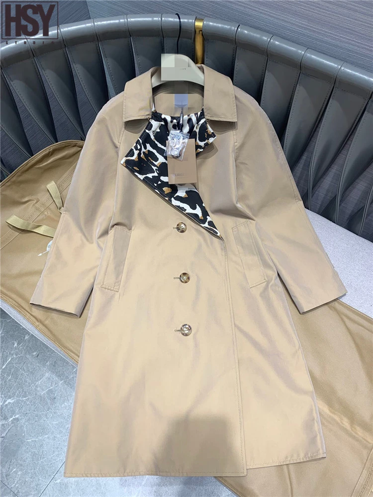 

【HSY】2020 Spring Worsted Cotton Weatherproof Gabardine Fabric Asymmetric Leopard Lining Classic Khaki Lightweight Trench Coat