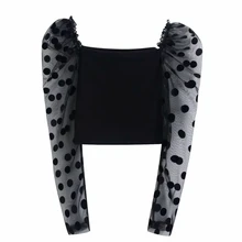 Новая женская сексуальная прозрачная сетчатая вязанная короткая рубашка, блузка в горошек с пышными рукавами, шикарные топы LS6167