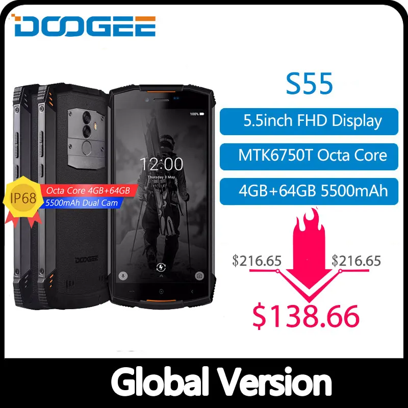 Настоящий водонепроницаемый смартфон DOOGEE S55 IP68, 4 Гб ОЗУ, 64 Гб ПЗУ, 5500 мАч, Восьмиядерный процессор MTK6750T, 5,5 дюймов, Android 8,0, две sim-карты, МП, 4 глте