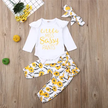 

0-24M 3pcs Baby Girls Clothes Set White Long Sleeve Rompers Baby Bodysuit Flower Long Trouser Hat Baby Girls Outfits Newborn Set