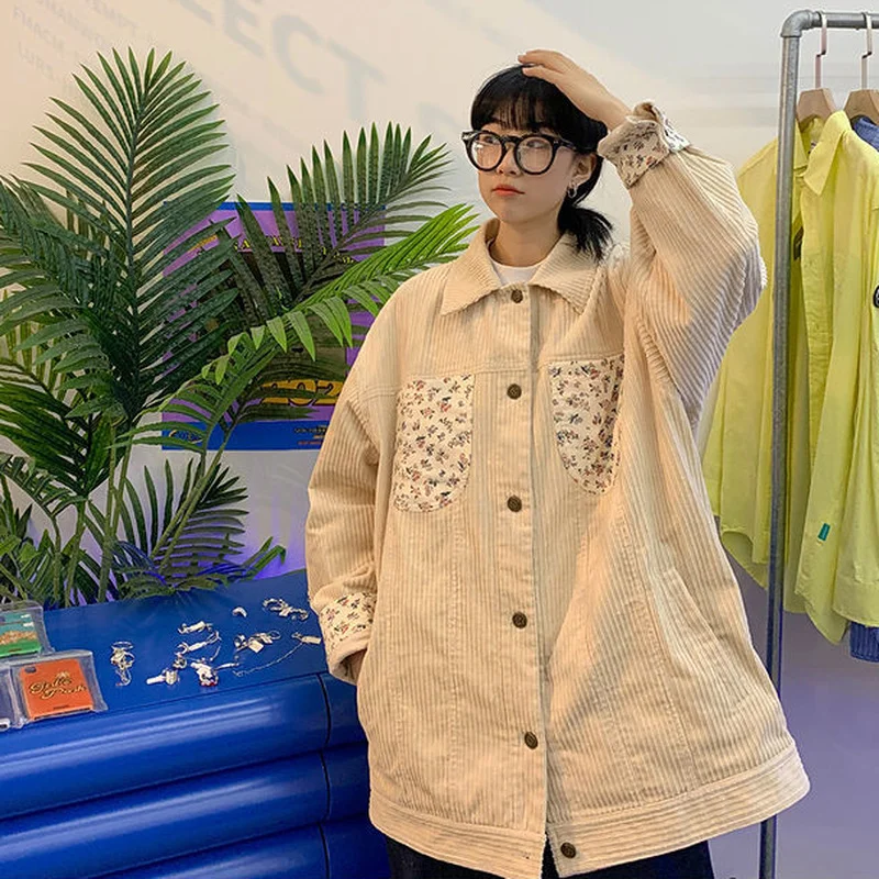 재킷 여성 디자인 의류 Preppy 모든 경기 레저 휴일 느슨한 싱글 브레스트 러블리 빈티지 코듀로이 매일 부드러운 유행