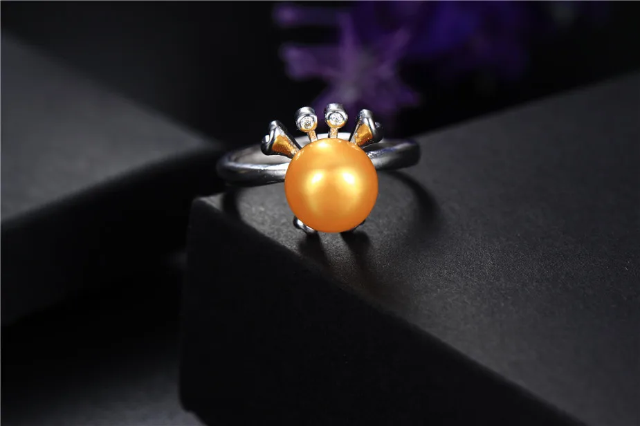 Frog design 8-9mm natural freshwater pearl ring for women gift, 925 sterling silver women adjustable jewelry ring