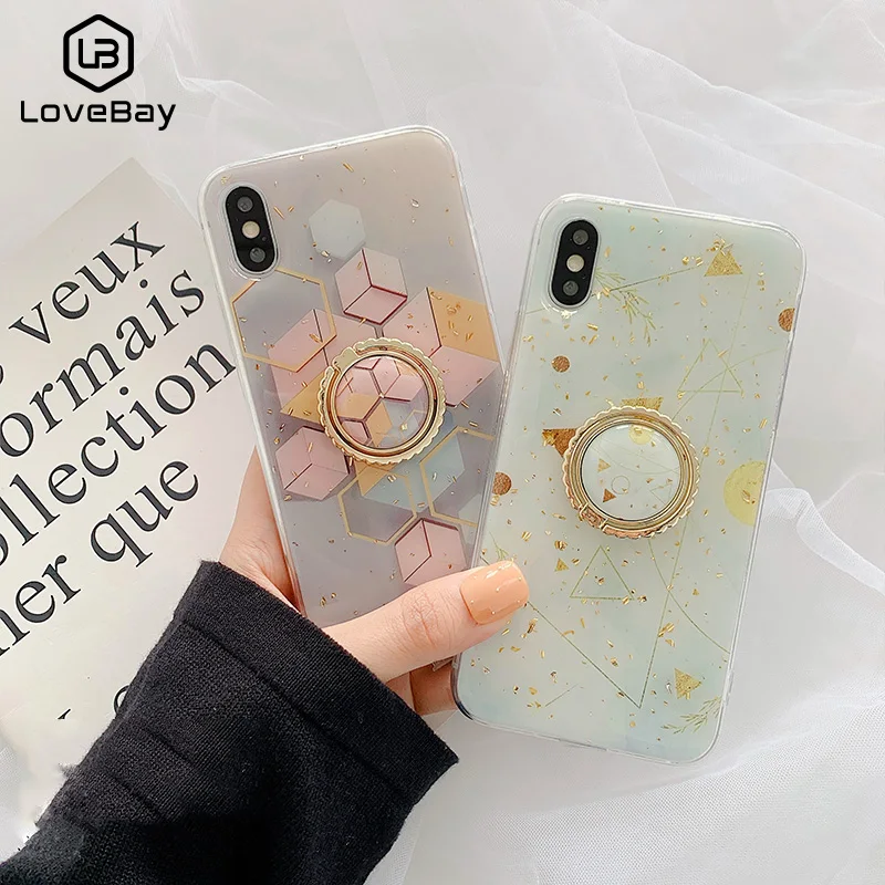 

Lovebay Square Geometry Glitter Phone Case For iPhone XS XR XS Max X 6 6S 7 8 Plus Platinum Epoxy Ring Bracket Back Cover Coque