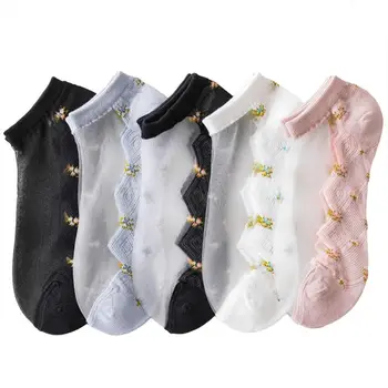

Korean Female Summer Glass Fiber Boat Socks Floral Jacquard Breathable Rhombus Mesh Cotton Bottom Short Hosiery