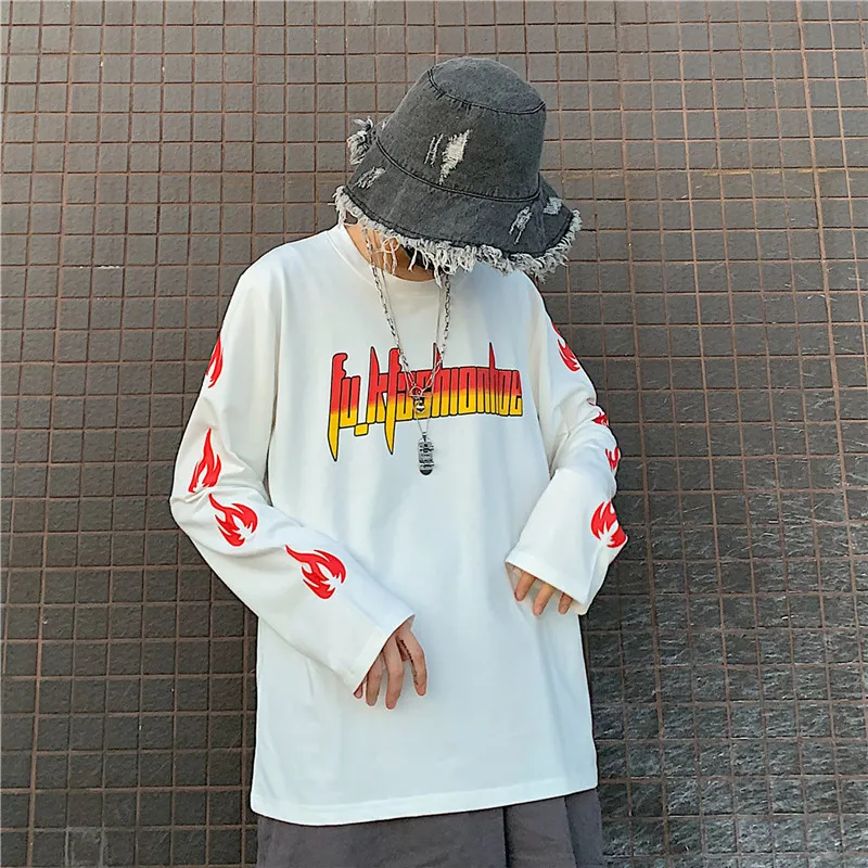 Lychee Harajuku Свободные женские футболки с вырезом лодочкой футболки с принтом пламени и буквами женская футболка Топ Весна Осень Женские футболки топы