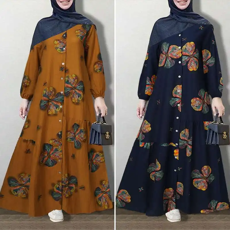 ZANZEA Gaun Wanita Vintage Motif Bunga 