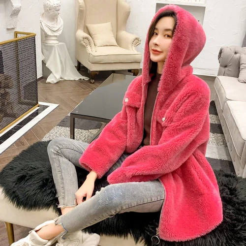 Пальто из натурального меха, женское корейское зимнее пальто из овечьей шерсти, Женская шерстяная куртка, женская одежда, Manteau Femme, N-69221, YY1162 - Цвет: Rose Red