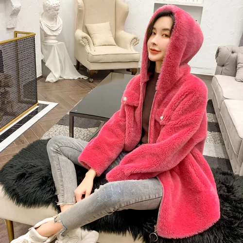 Rose Red Пальто из натурального меха, женское корейское зимнее пальто из овечьей шерсти, Женская шерстяная куртка, женская одежда, Manteau Femme, N-69221, YY1162 - Цвет: Rose Red