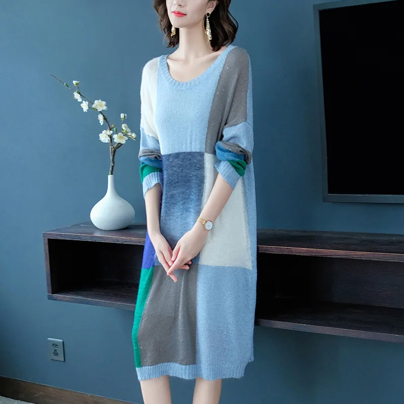 

Autumn Winter New Knitting Large Size Loose Sweater Dress Knitted Stylish Print Women Office Patchwork Dresses Elegant Vestidos