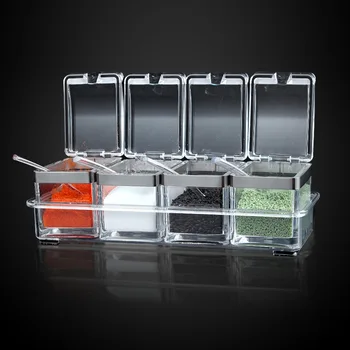 

Seasoning jar sealed acrylic seasoning box with spoon four grid seasoning box set kitchen supplies spice pepper salt jar