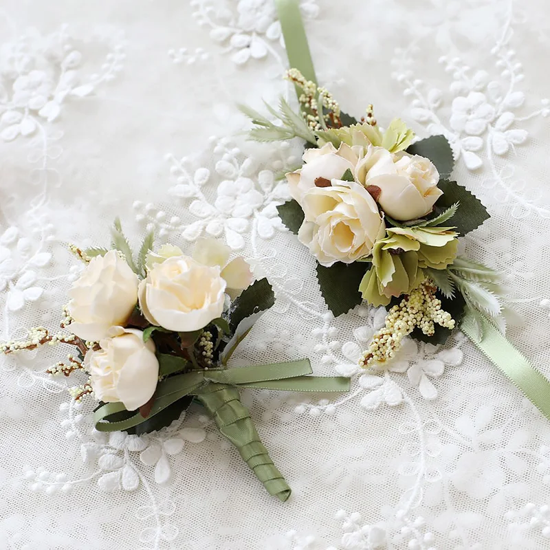 Wedding Floral Ivory White Rose Wrist Corsage Bride Hand Flowers And Men  Groom Boutonniere Set For Wedding Flower Party Decor - AliExpress